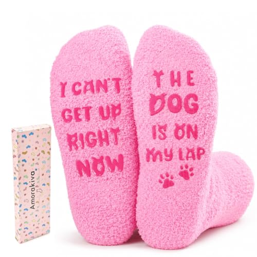 AmoraKiva Christmas Gift for Women Mom - Dog Mom Fuzzy Pink Sosks Gift
