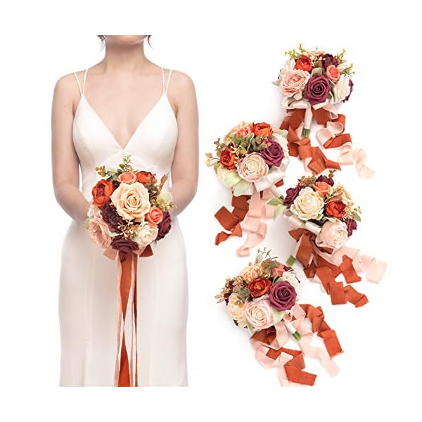 Ling S Moment Burnt Orange 7 Inch Artificial Flowers Wedding Bouquet For Bridesmaids Set Of 4 Bouquets For Bride Wedding Arch Flowers Bridal Shower Centerpiece Party And Wedding Ceremony Anniversary Silk Flower Arrangements