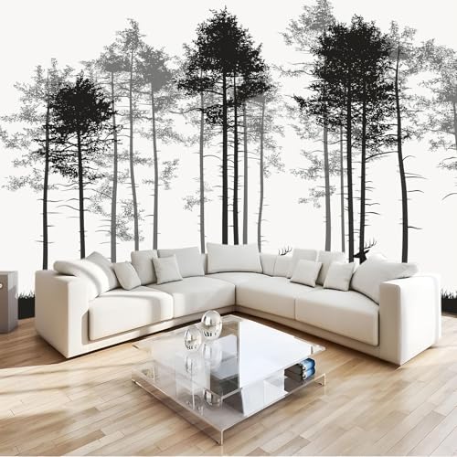 Fotomurales Árboles Forestales Ciervos Simples Papel pintado 300 x 210 cm tejido no tejido, Arte Papel tapiz mural Gris Moderna Decoración De Pared Sala Oficina Salón