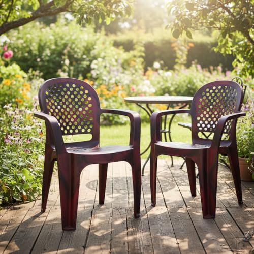 Image of Cello Crystal Armrest Plastic Chair with Matt Finish | Chairs for Home, Garden, Living Room Indoor and Outdoor Use (Colour: Rosewood, Set of 2)