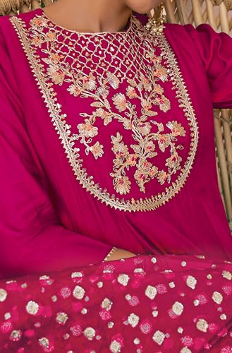 Janasya Indian Women's Chanderi Silk Pink Yoke Embroidered Festive Wear Kurta Set for Women4