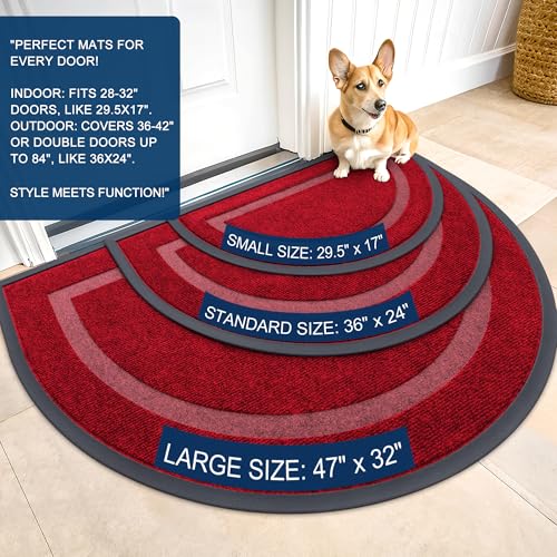 Image of OLANLY Half Circle Door Mat Indoor Outdoor Entrance Welcome, Waterproof All-Season, All-Weather Doormat, Sturdy Natural Rubber, Low Profile, Easy Clean Patio Porch Entryway Mat, 29.5x17, Wine Red