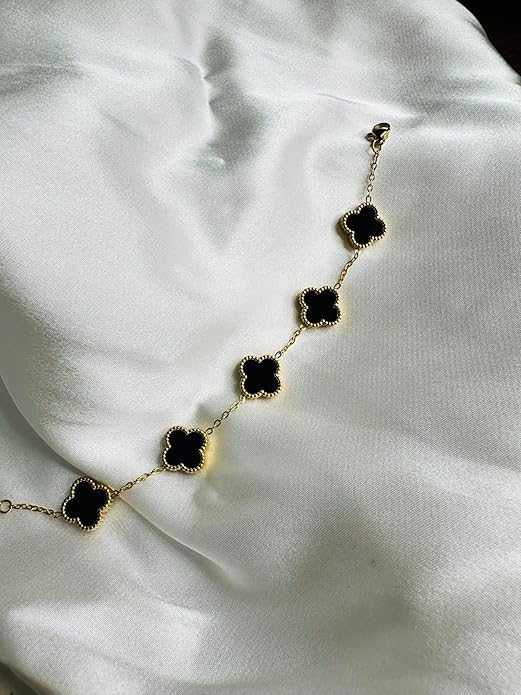 Image of Clover Bracelet for Women Stylish | Anti Tarnish Bracelet for Woman | Fashion Jewellery for Women Aesthetic Accessories for Girls Chain Bracelet | Stainless Steel Bracelets for Everyday Wear (Black Clover)