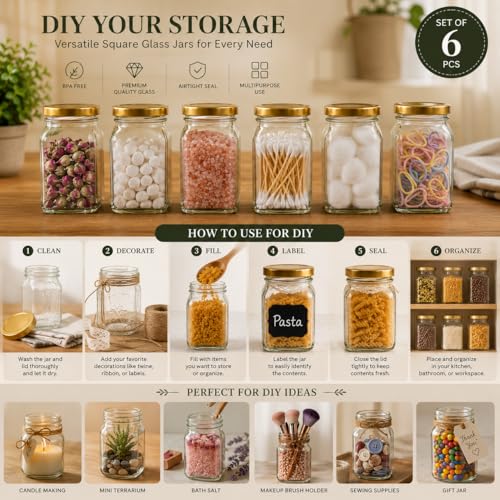 Image of Pure Source India Premium Clear 6 Pcs Glass Jar with Gold Lug Cap | Airtight Food Storage Jar for Honey, Jam, Pickles, Spices & Preserves (250 gm)