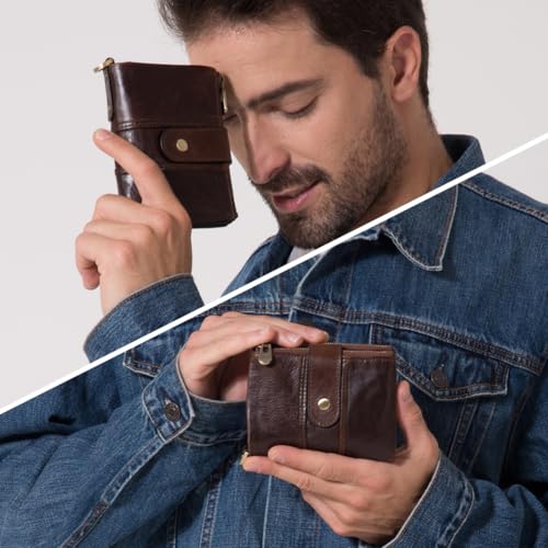Image of Men's Top Grain Leather RFID Blocking Wallet with Chain, Multi-Pocket Bifold for Daily Use & Travel