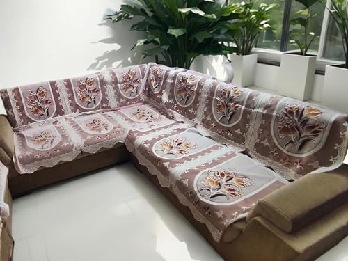 Image of Fab Nation Cotton L Shape Sofa Covers for 5 Seater Sofa Set | Sofa Slipcovers for 3 + 2 Seaters Cover Set | Floral Brown