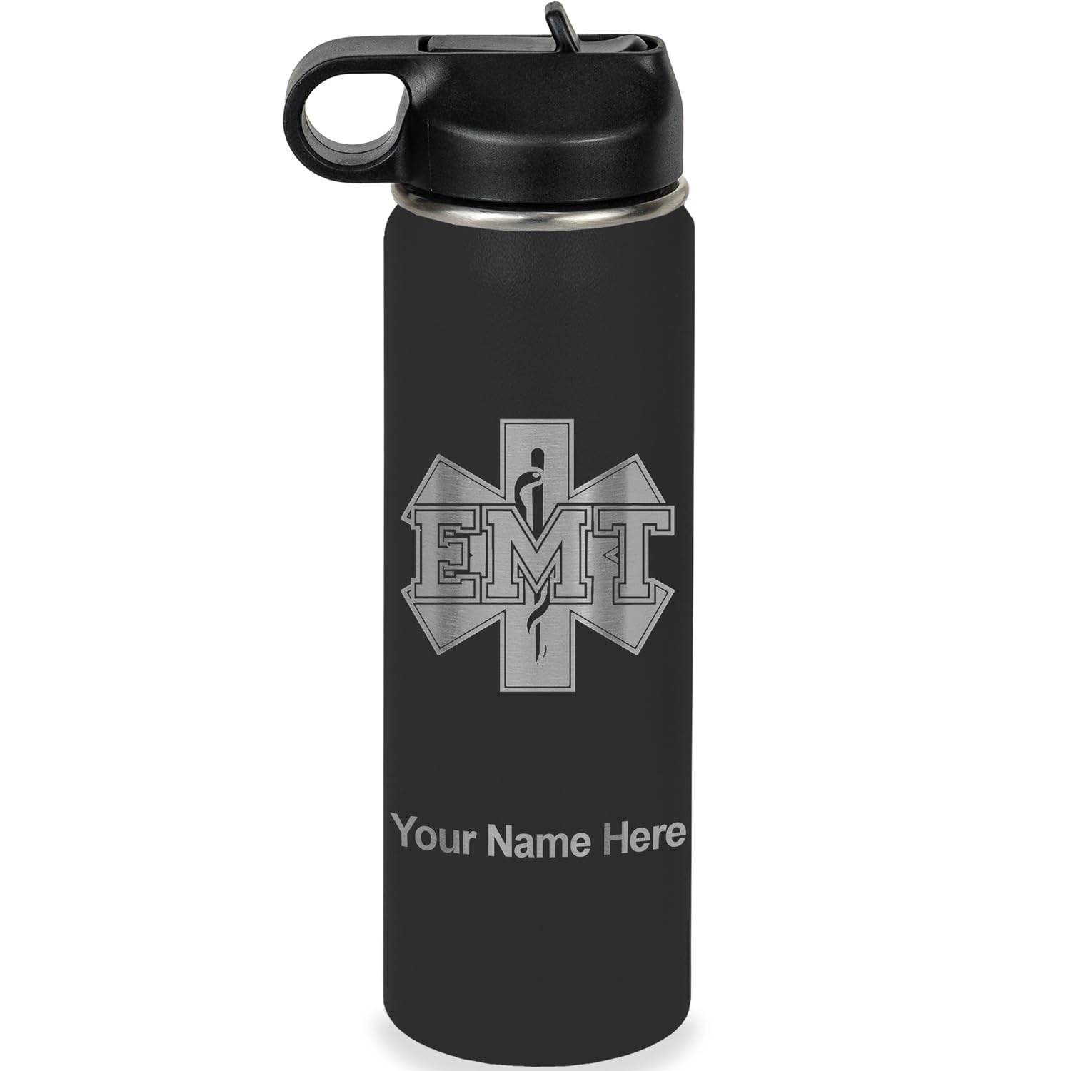 LaserGram Personalized Water Bottle, EMT Emergency Medical Technician, Stainless Steel Double Wall Vacuum Insulated with Flip Top Straw, Custom