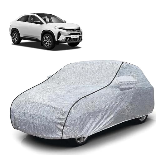 Image of Sulfar 100% Waterproof Car Body Cover Compatible with Mirror for Tata Curvv (Triple Stitched, Full Bottom Elastic, Magic Silver with Black Piping)