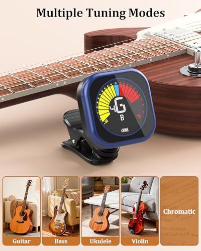 Image of New Bee Guitar Tuner Clip-On Rechargeable with Color Screen 360 Rotatable Acoustic Chromatic Open Tuning for Guitar, Bass, Ukulele, Violin (Blue, 1 Pack)
