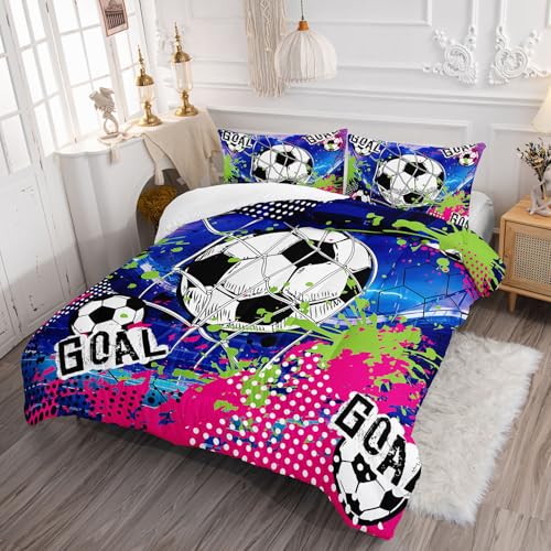 Image of Soccer Comforter Set Sport Themed Graffiti Printed Bedding Set with 1 Comforter and 2 Pillowcases for Boys and Girls Bedroom All Season(Soccer Queen)