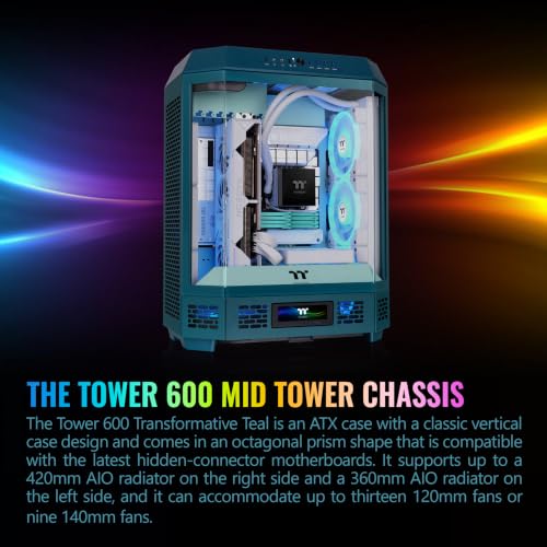 Image of Thermaltake Tower 600 Mid Tower; 2x140mm CT Fans Included; 420mm Radiator Support; 400mm GPU Clearance; Hidden Connector Support; Rotatable PCIe Slots; Transformative Teal; CA-1Z1-00MTWN-00