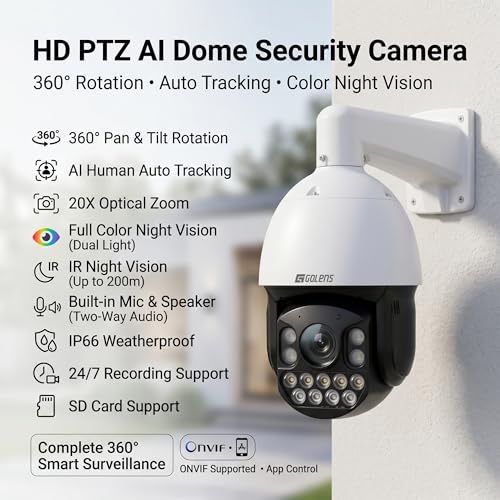 Image of Golens V64H 5MP PTZ IP Security Camera 20X Zoom, 360 Pan 93 Tilt, Auto Tracking, Dual Light Full Color Night Vision, Two-Way Audio, IP66 Outdoor Dome CCTV Camera with SD Card & POE Support