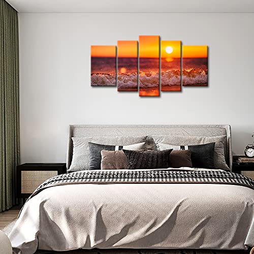 So Crazy Art- Red Ocean Wall Art Decor Sea Beach On Tropical Island At Sunset Canvas Pictures Artwork 5 Panel Seascape Painting Prints For Home Living Dining Room Kitchen #TOP5