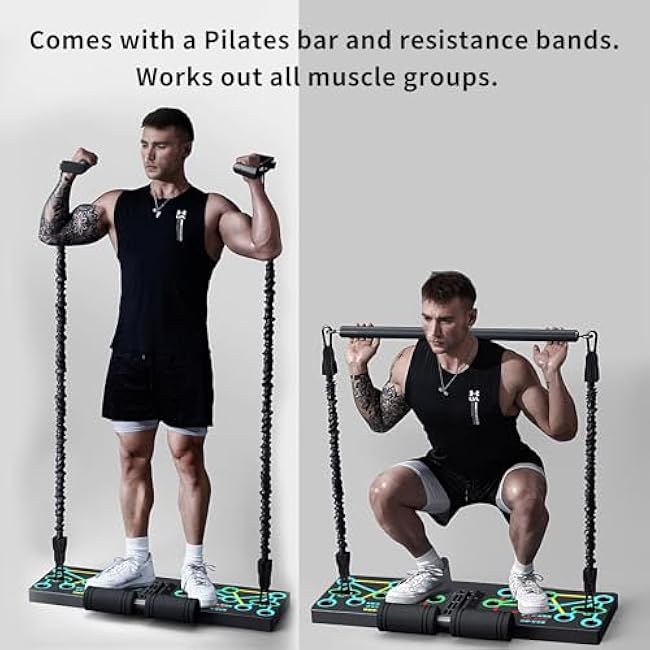 Push Up Board with Sit-Up Device, Multifunctional Home Gym with 12CM Suction Cup, Resistance Bands & Pilates Bar, Pushup Handles for Floor, Strength Training Equipment for Men and Women