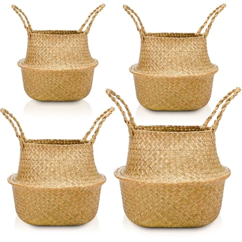 Qunclay 4 Pcs Woven Seagrass Baskets Belly Basket Folding Boho Natural Plant Pot with Handles Round Decorative Wicker Large Indoor Planter for Home Outdoor Tree Planters Decor (Xs,S,M,L)