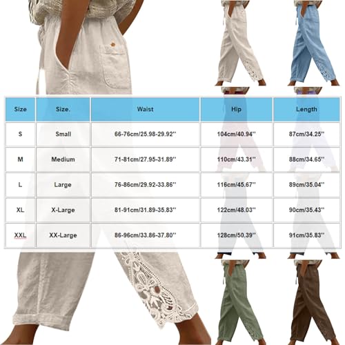HGps8w Lace Patchwork Linen Pants for Women Elastic Waist Comfy Casual Solid Versatile Loose Work Trousers with Pockets3
