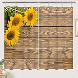 Sunflower Kitchen Curtains, Sunflowers on Rustic Wood Window Curtain Panels, Spring Flower on Countr