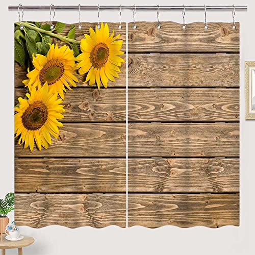 Sunflower Kitchen Curtains, Sunflowers On Rustic Wood Window Curtain Panels, Spring Flower On Country Wood Kitchen Window Curtain Panel, Waterproof Kitchen Curtains Drapes 10 Hooks (55X39) #TOP6