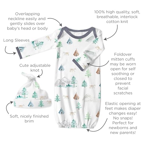 Image of SwaddleDesigns Baby Gift Set, Denim Muslin Swaddle Blanket and Watercolor Mountains & Trees Newborn Hat and Pajama Gown with Mitten Cuffs, Softest Cotton