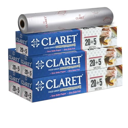 Image of Claret 2 in 1 Aluminium Foil & Paper Roll for Food Wrapping | Wrap Roti & Fresh Kitchen Food Essential | Keep Food Warm | Non Stick | 20+5 M Length | Pack of 5