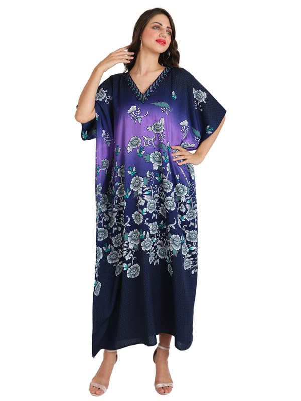 Image of Miss Lavish London Kaftan Dresses for Women Plus Size Long Batwing Sleeve Caftans, V Neck Moo Moo Printed Beach Cover Up Maxi Beach Dress, Bathing Suit Cover-Up Loungewear