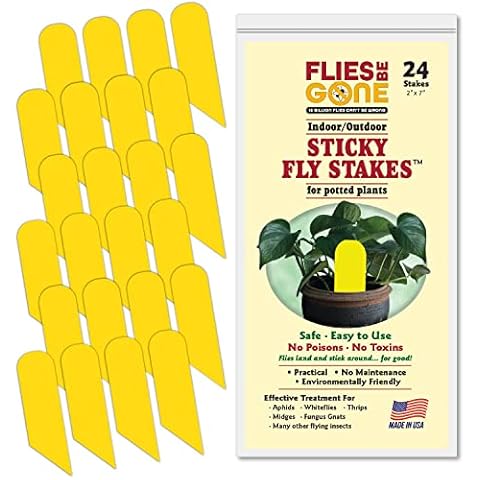 Flies Be Gone 24-Pack Sticky Yellow Fruit Trap Fly Stakes for Fungus Gnats Whiteflies, Thrips, Leaf-Miners, Aphids, Midges & All Flying Plant Insect, 7x2 Inches for Indoor/Outdoor (Sticks, 24 Pack) Cover