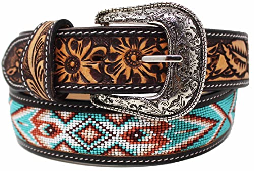 Unisex 1.5" Western Floral Tooled Beaded Full-Grain Leather Belt 26RT41B3