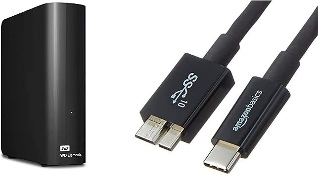 WD Desktop HDD 8TB USB3.0 WD Elements Desktop External Hard Drive / WDBBKG0080HBK-JESN Amazon Basics USB Cable 0.9m Type C to Micro 3.1 Type B Black