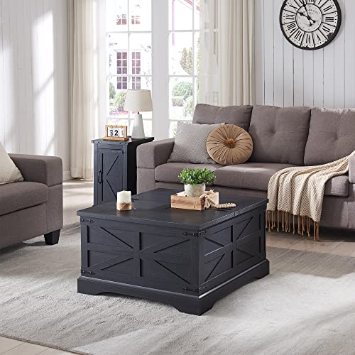 Jxqtlingmu Farmhouse Coffee Table, Square Wood Center Table With Large Hidden Storage Compartment For Living Room, Rustic Cocktail Table With Hinged Lift Top For Home, Black #TOP3