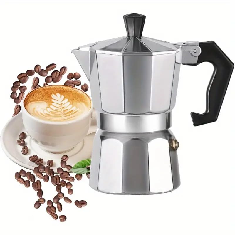 Image of Alluminium Espresso Coffee Maker Moka Pot Cup for Italian Espresso Decoction Coffee Mocha South Indian Filter Coffee Home Outdoor Machine (Silver, 3)