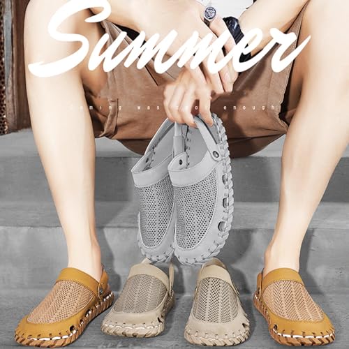 Zeberfi Men's Hollow Leather Mesh Closed Toe Flat Sandals Casual Outdoor Athletic Handmade Adjustable Slip On Beach Shoes Summer Breathable Comfort Walking Sports Hiking Sandals3