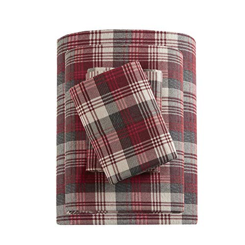 Woolrich Flannel 100% Cotton Sheet Set Warm Soft Bed Sheets With 14" Elastic Pocket, Cabin Lifestyle, Cold Season Cozy Bedding Set, Matching Pillow Case, King, Red Plaid, 4 Piece #TOP2