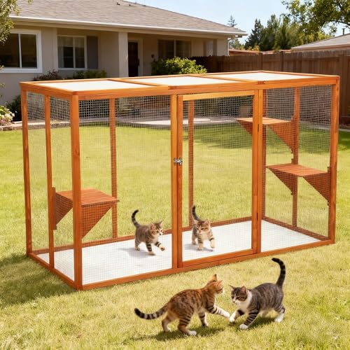 Catio Outdoor Cat Enclosure 180 x 80 x108 cm Cattery Outdoor for Cats House Cage Indoor Wooden Catio with Lockable Door 3 Platforms Weatherproof Accommodate Up to 5-7 Cats