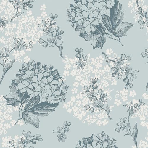 FunStick Ash Blue Floral Wallpaper Peel and Stick Vintage Cottage Core Hydrangea Flower Wallpaper Blue and White Floral Contact Paper Removable Botanical Wall Paper for Bathroom Bedroom Walls Cabinets