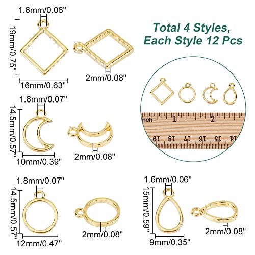 CHGCRAFT 48Pcs 4 Styles Golden Geometric Hollow Frame Charms Teardrop Round Square Moon Alloy Open Back Bezel Pendants for DIY UV Resin Pressed Flower Jewelry Length 14-19mm - Image 2