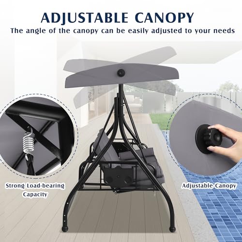 Image of Grepatio Outdoor Porch Swing with Canopy and Stand, 3 Person Patio Swing for Adults, Convertible 2 in 1 Porch Bed Swing with Cup Holder, 3 Seat Swings with 2 Pillow Cushions for Garden, Yard (Grey)