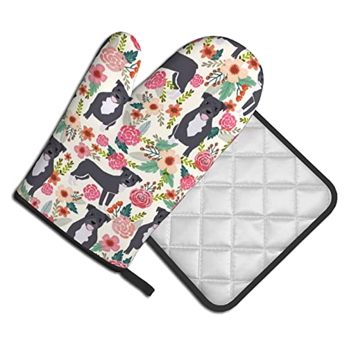 Ruauru Pitbull Floral Large Dog Breed Pibble Pitbulls Kitchen Oven Mitt, Oven Mitts With Quilted Liner, Heat Resistant Pot Holders, Oven Gloves, Black #TOP1