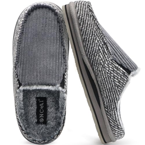 Image of ONCAI Mens Clog Slippers with Arch Support Stripe Faux Fur Cotton-Blend High-Density Memory Foam Warm House Slippers Slip-on Indoor Outdoor Rubber Sole Size 7-16