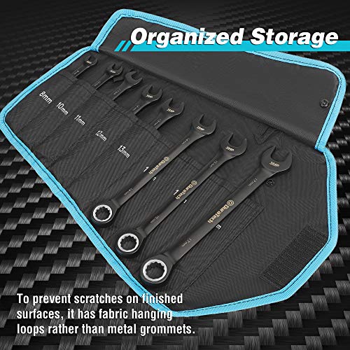 Duratech Ratcheting Combination Wrench Set, 144-P, Double-Stacked Pawls, 8 Piece, Metric, 8, 10, 11, 12, 13, 14, 15, 17Mm, Cr-V Steel, Black Chrome Plated, With Organizer Pouch #TOP5