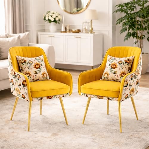 Image of Velvet Accent Chair | Luxury Upholstered Armchair with Sturdy Metal Legs | Modern Comfortable Chair for Living Room, Bedroom, Office, or Cafe (Golden Legs, Yellow Floral)