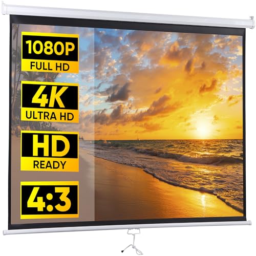 Image of 72 inch HD 4:3 Manual Projector Screen 1.1 Format with Auto Lock Anti-Crease Home Theater Office Wall Mounted Ceiling Pull Down Projection 1.1 Gain Matte White, View Size: 57 x 43 inches