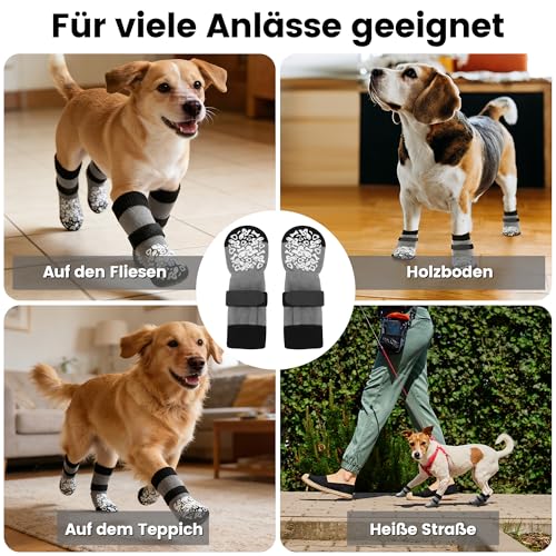 Apoway 4 Stück rutschfeste Hundesocken Anti Rutsch, Pfotenschutz Hund wasserdicht mit verstellbaren Riemen und zweiseitiges Silikon, Antirutschsocken Hund für Kratzern/Hitze/Kälte/Leckschutz, XL