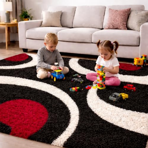Image of 3D Shaggy Polyester Carpet Rug Runner Area Mats for Bedroom /Living Area /Home with Anti Slip Backing Soft /Fluffy Hight Pile - (Moon Red, 5x7 feet)