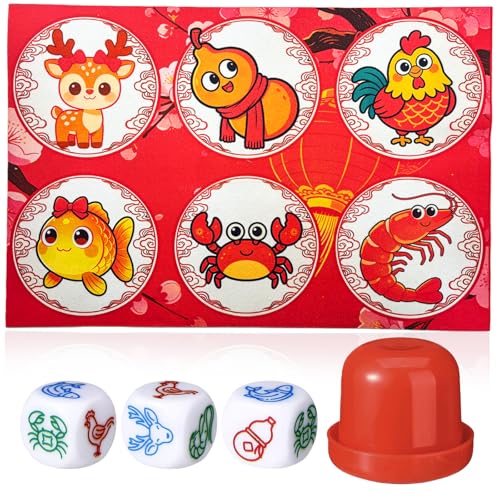 pldnhzua BAU Cua Ca Cop Dice Game Set Vietnamese Lunar New Year Party Game with 15.7 x 23.6 in NonSlip Mat Dice Shaker Cup & 3 Dice (Fish Shrimp Crab Rooster Gourd Deer)