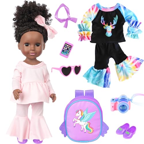 iBayda 14.5 Inch African-American Silicone Baby Doll - Realistic Black Girl Doll with 2 Outfits, Shoes, Backpack, Camera, Glasses & Phone Accessories...