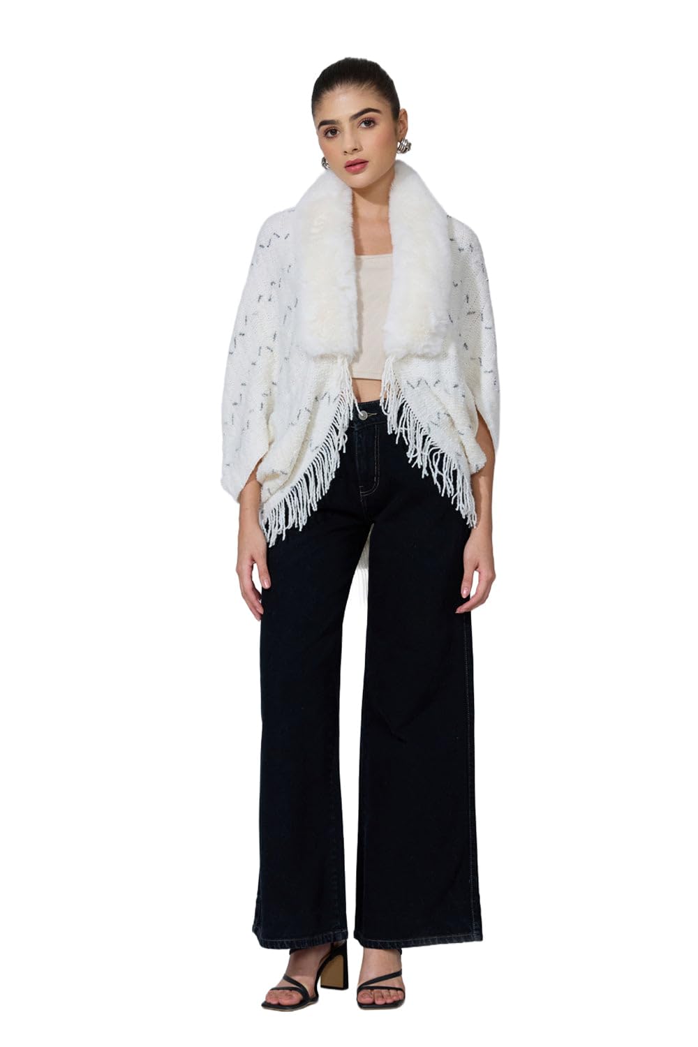showoffff Women Solid Poncho | V Neck 3/4th Sleeves Wool Poncho's for Womens | Crop Poncho for Women's Cream-M-picture-11
