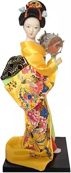 Traditional Japanese Geisha Doll, Hand - Crafted with Exquisite Kimono and Accessories, Authentic Oriental Home Decor and Collectible Yellow