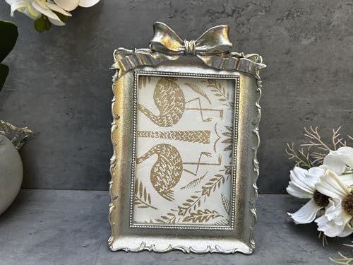Image of 6 x 4 Silver Bow Photo Frame Portrait Freestanding Wall Hanging