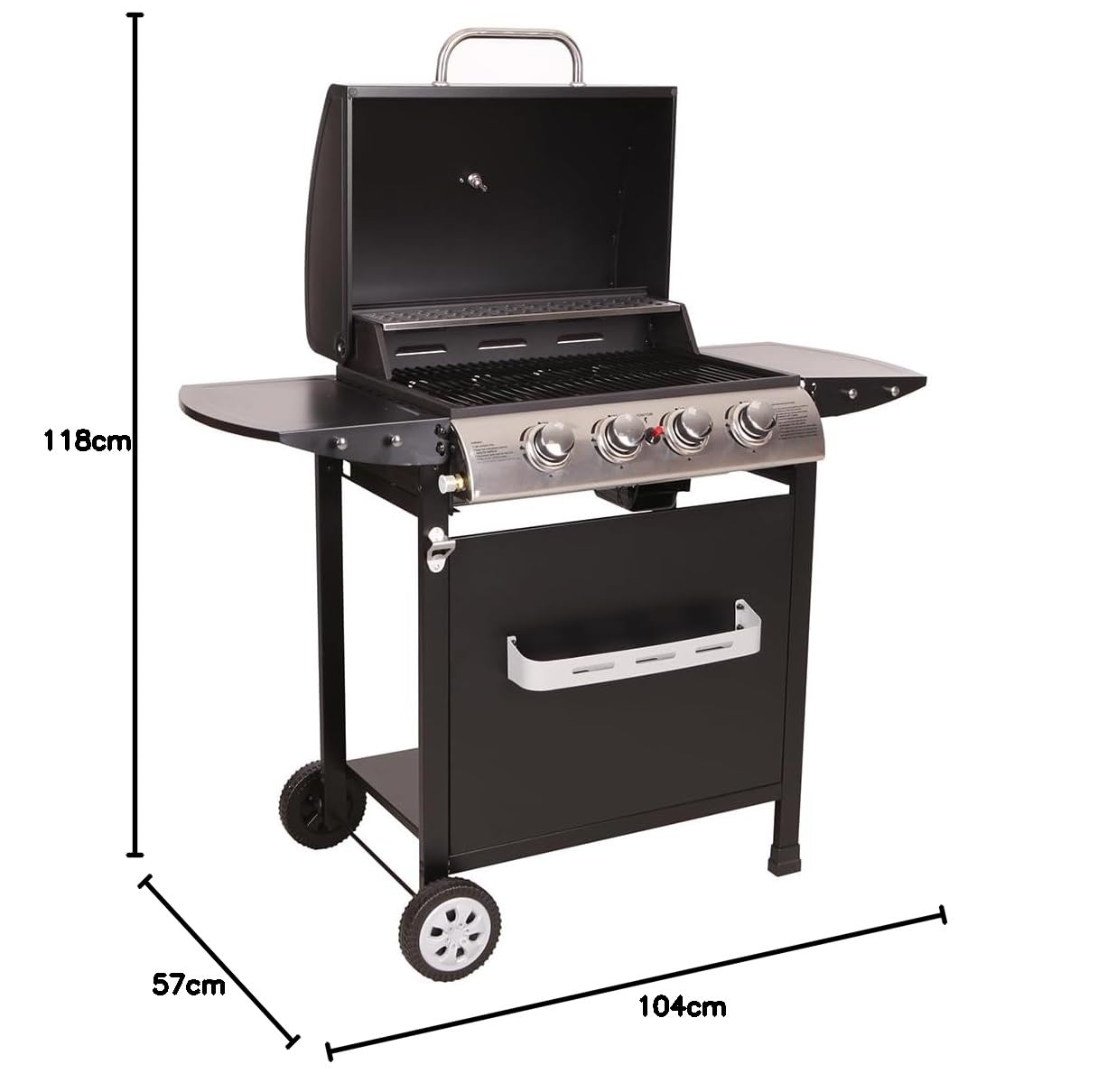 LOFOTEN - Barbecue Gaz 4 brûleurs - Puissance 12 kW - 118.5x57.5x104.5cm - Capot de fermeture avec thermomètre - 2 Grilles en acier chromé, 2 Etagères latérales, 1 Plateau bas - 2 Roues - Noir
