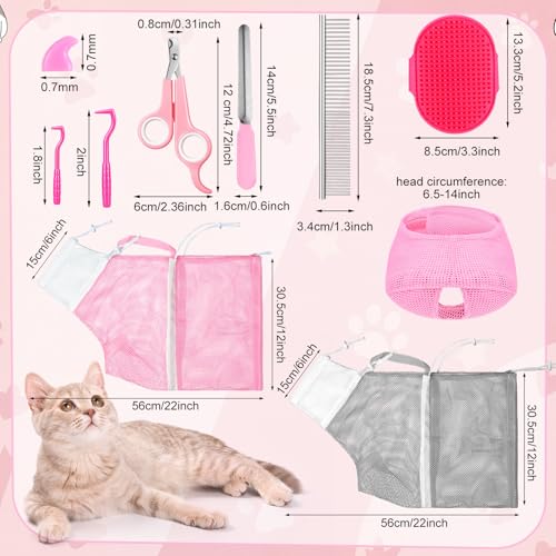 Image of 10 Pcs Cat Bathing Bag Set Mesh Shower Bag Anti Bite and Scratch Pet Grooming for Washing Brush, Cat Muzzle, Nail Clipper, Nail File, Tick Tool (Gray and Pink)